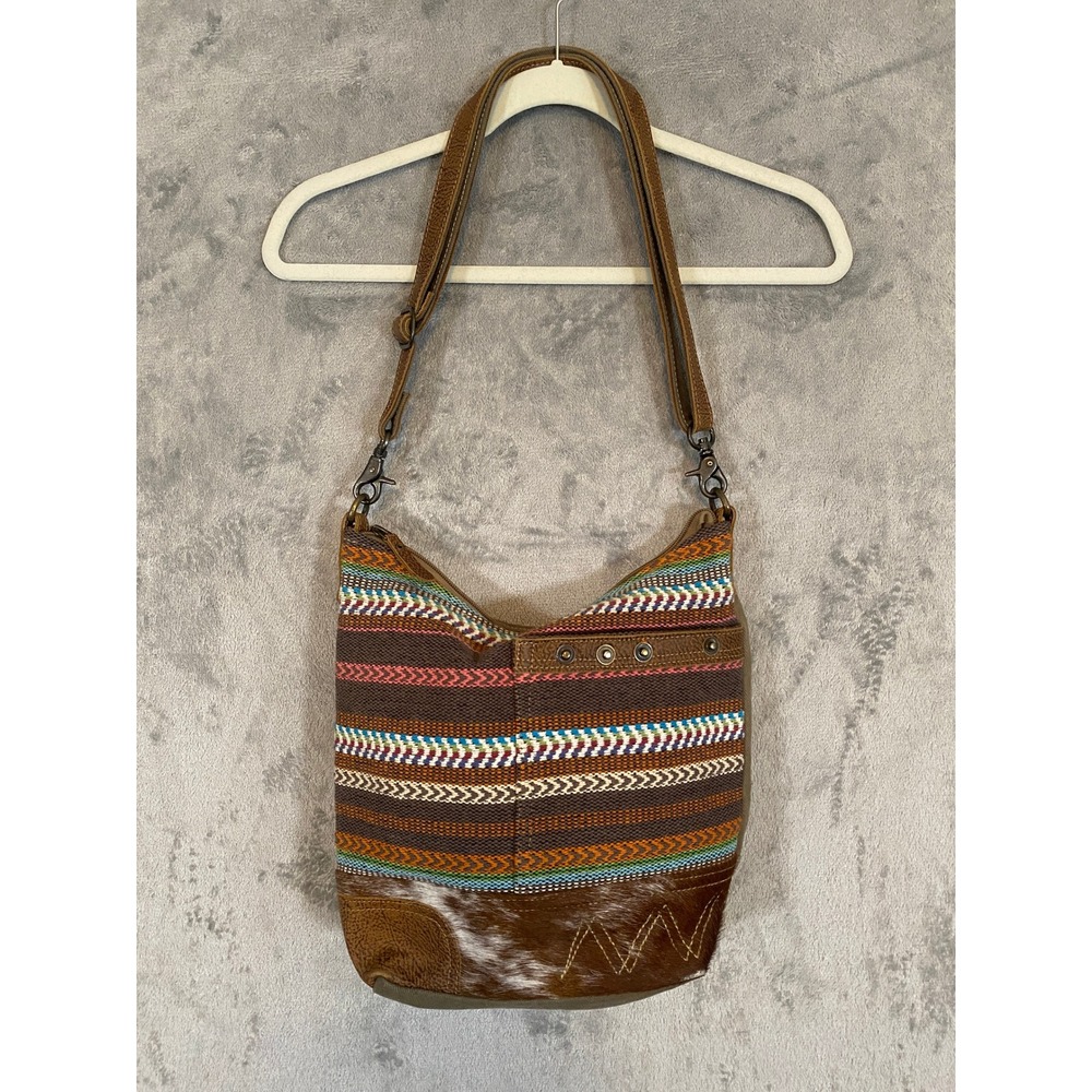 Myra Bag Crossbody‎ Bag Brown Multi Woven Leather Cowhide Western Boho Gypsy